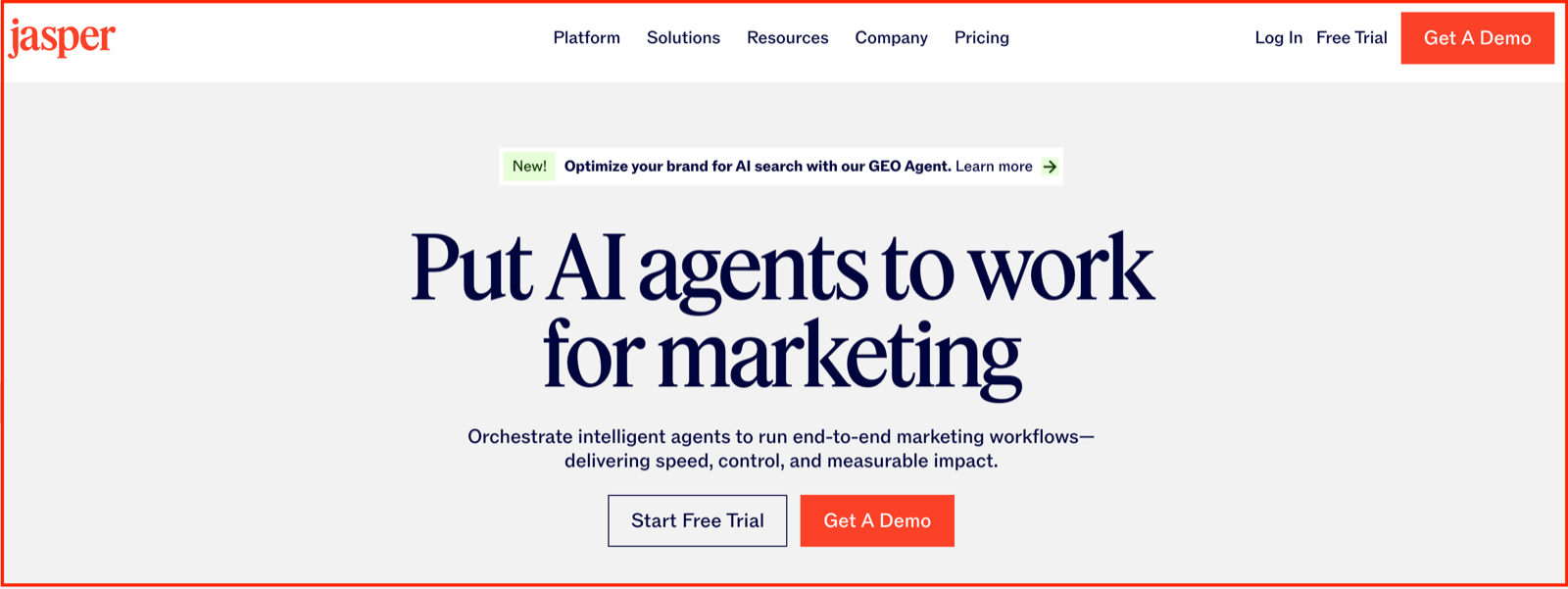 Jasper homepage with the headline Put AI agents to work for marketing