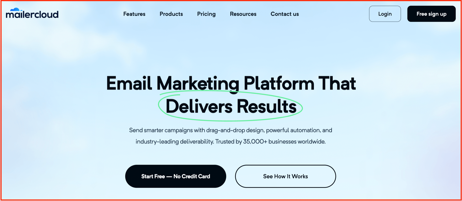Mailercloud homepage with the headline Email Marketing Platform That Delivers Results