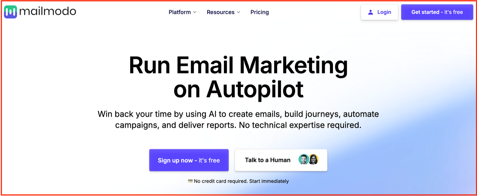 Mailmodo homepage with the headline Run Email Marketing on Autopilot