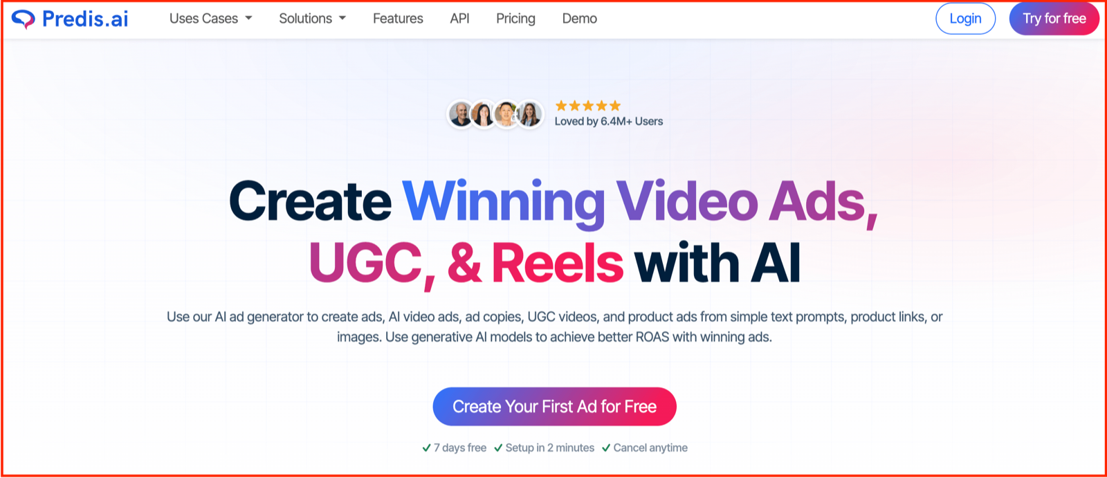 Predis.ai homepage with the headline Create Winning Video Ads, UGC, and Reels with AI