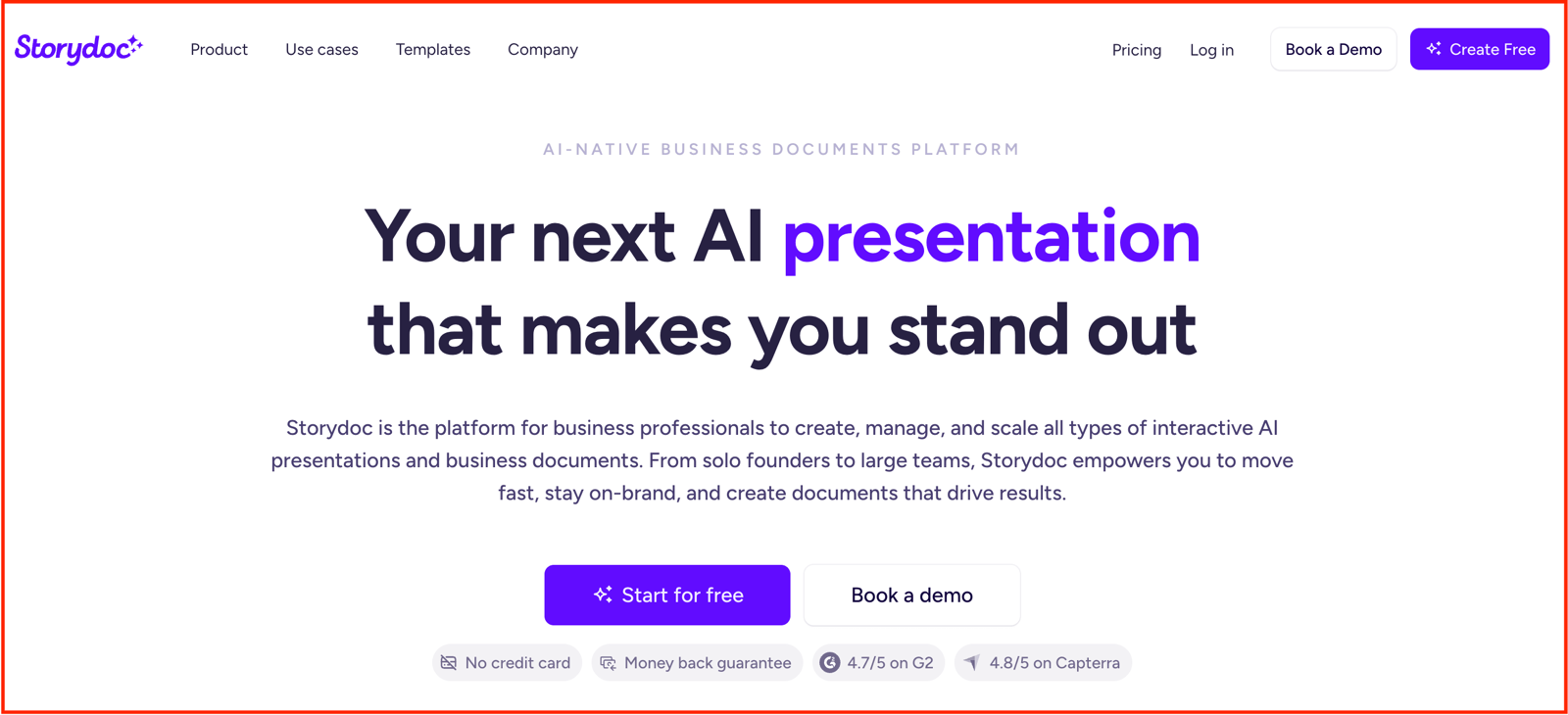 Storydoc homepage with the headline Your next AI presentation that makes you stand out