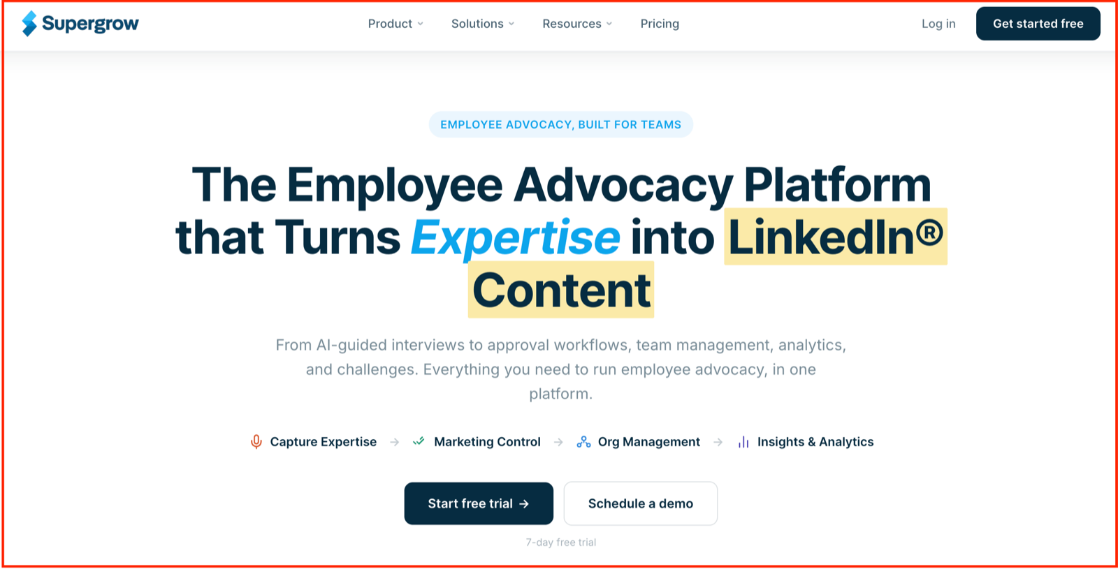 Supergrow homepage, the employee advocacy platform that turns expertise into LinkedIn content