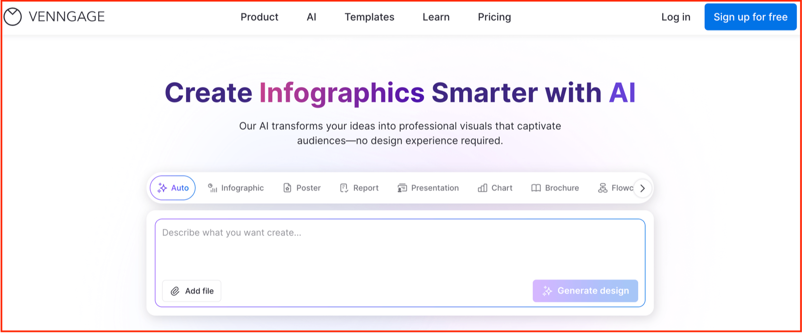 Venngage homepage with the headline Create Infographics Smarter with AI