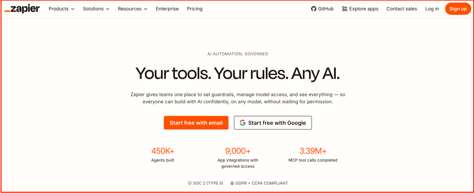 Zapier homepage with the headline Your tools. Your rules. Any AI.