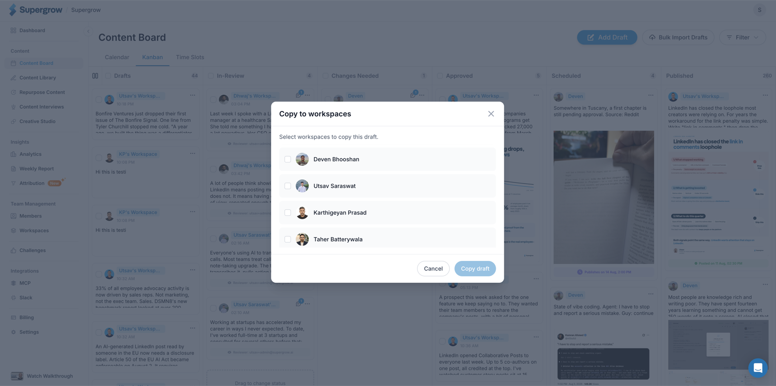 The Copy to workspaces dialog on the content board, listing teammates with a checkbox each to choose who receives the draft