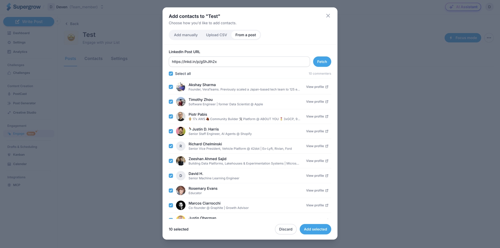 The add contacts dialog with the From a post tab open, listing ten commenters with their headlines and a checkbox each