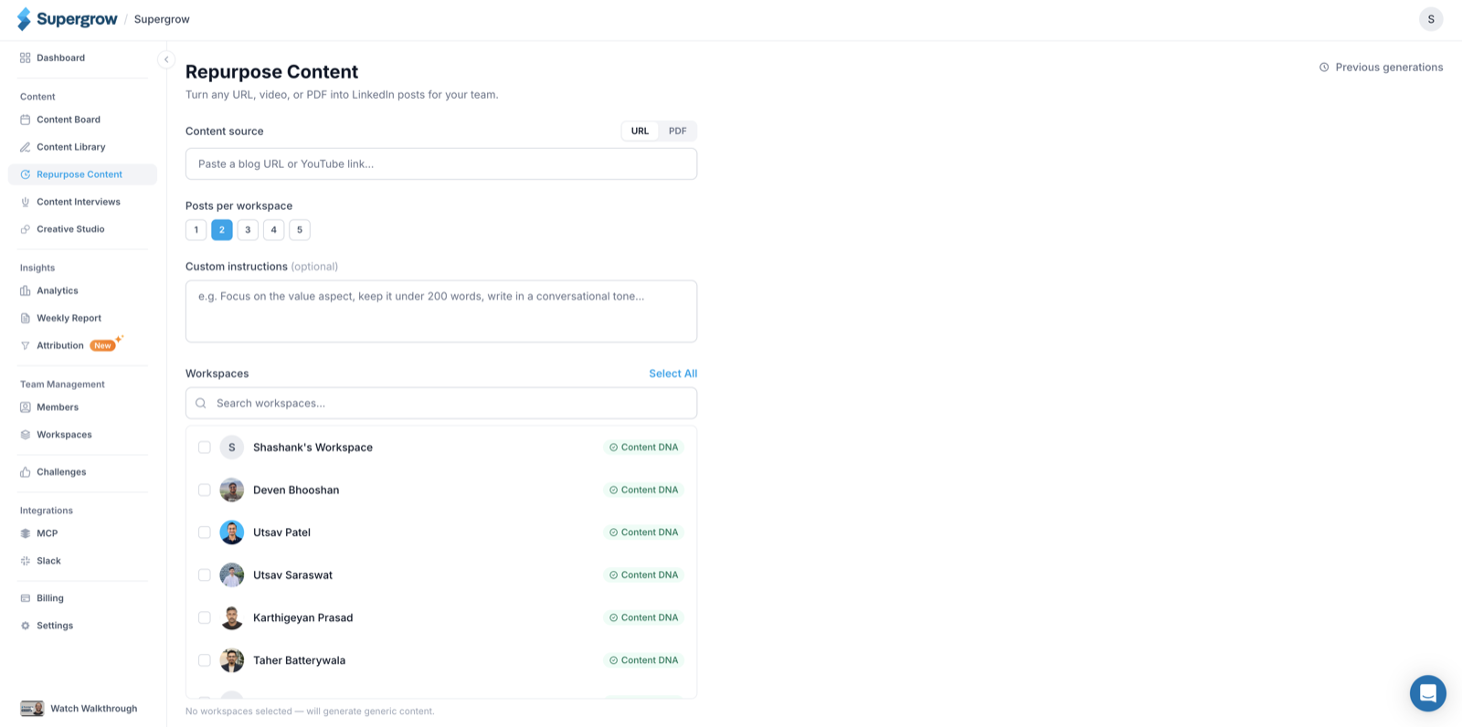 The repurpose content screen, with a field for a blog or YouTube link, a posts-per-workspace picker, and a list of teammates each marked as having Content DNA