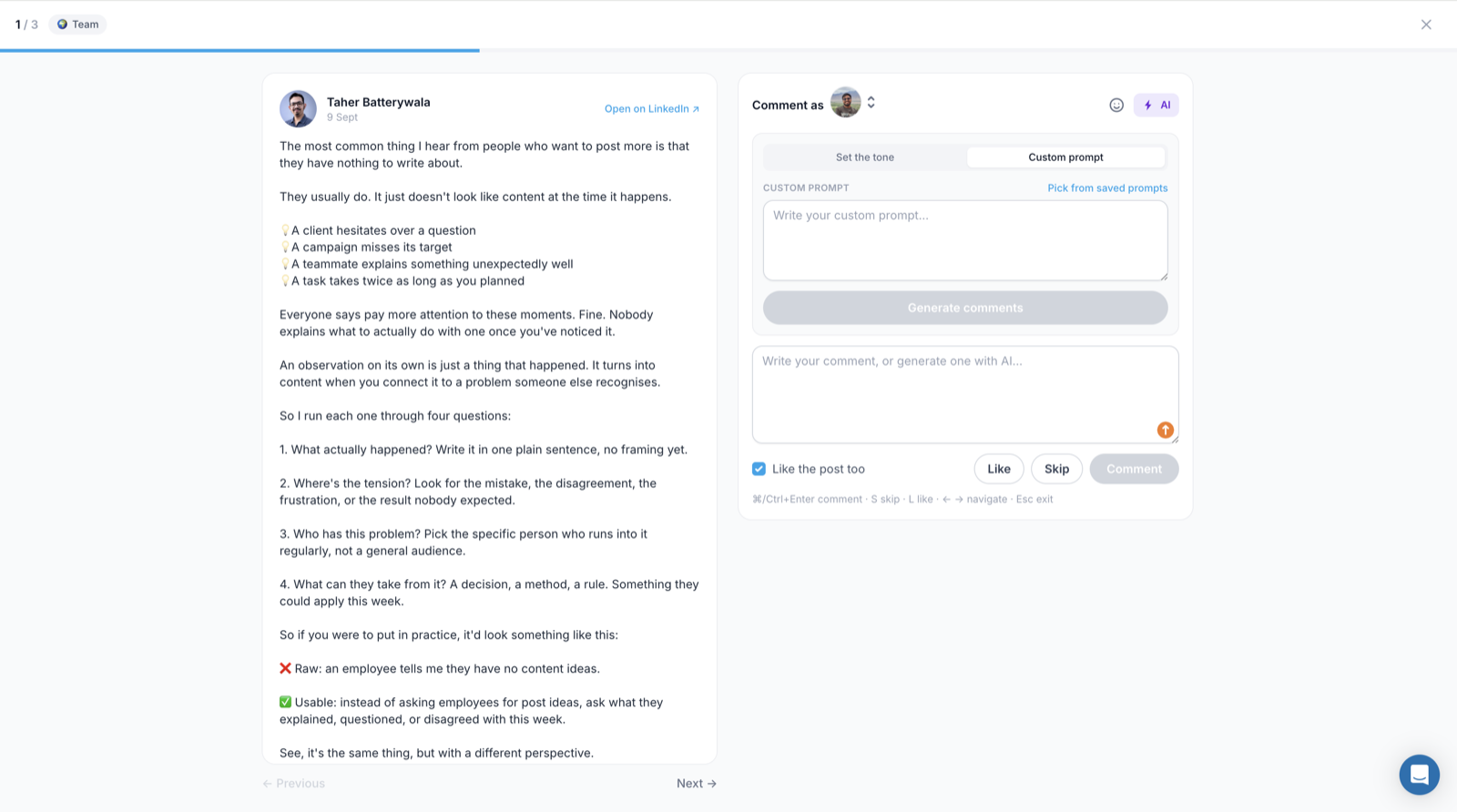 Focus mode with the Custom prompt tab selected in the AI comment panel, showing a prompt box and a Pick from saved prompts link