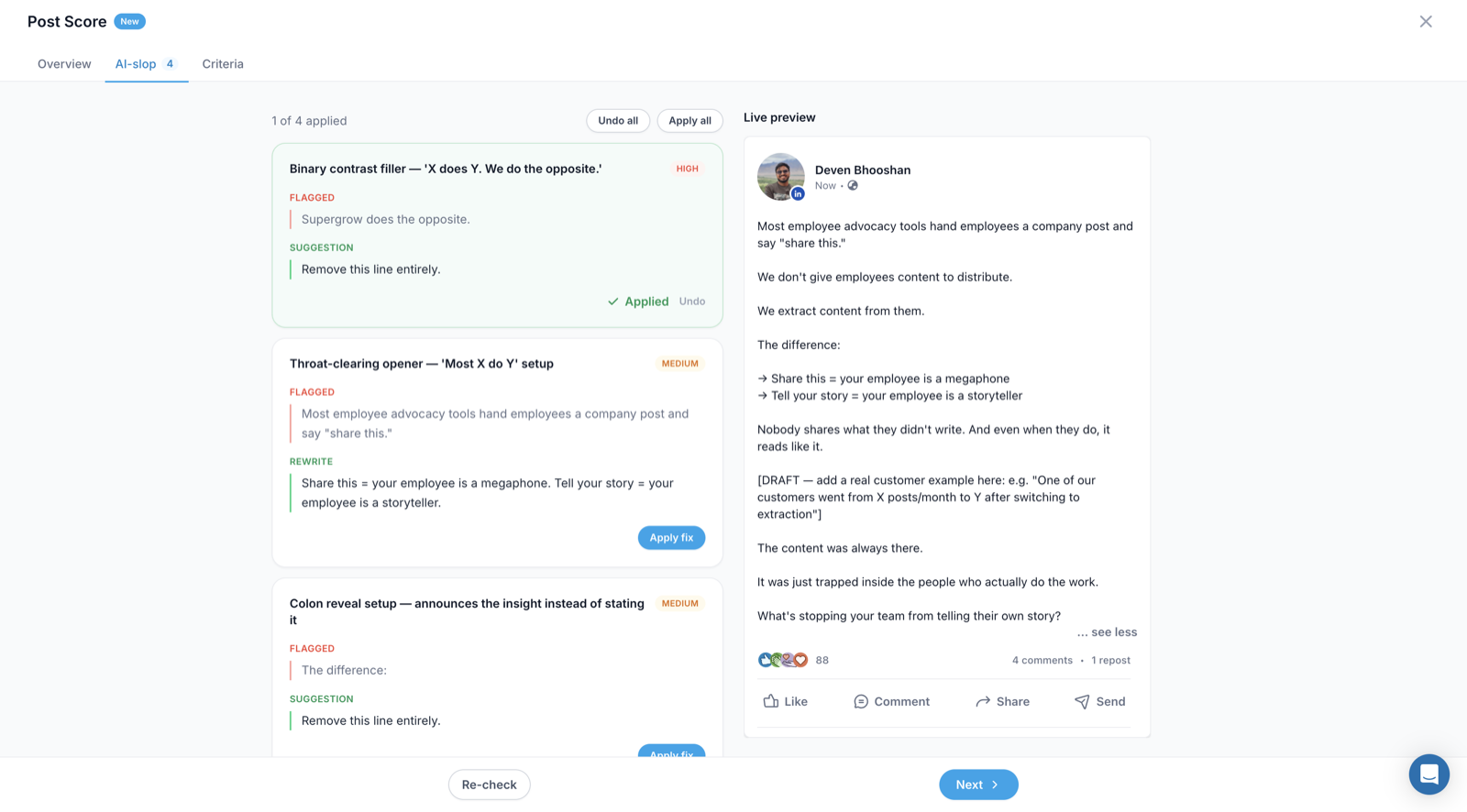 The Post Score panel with one of four fixes applied, showing an Undo link on the applied fix and an Undo all button above the list, next to a live preview of the post