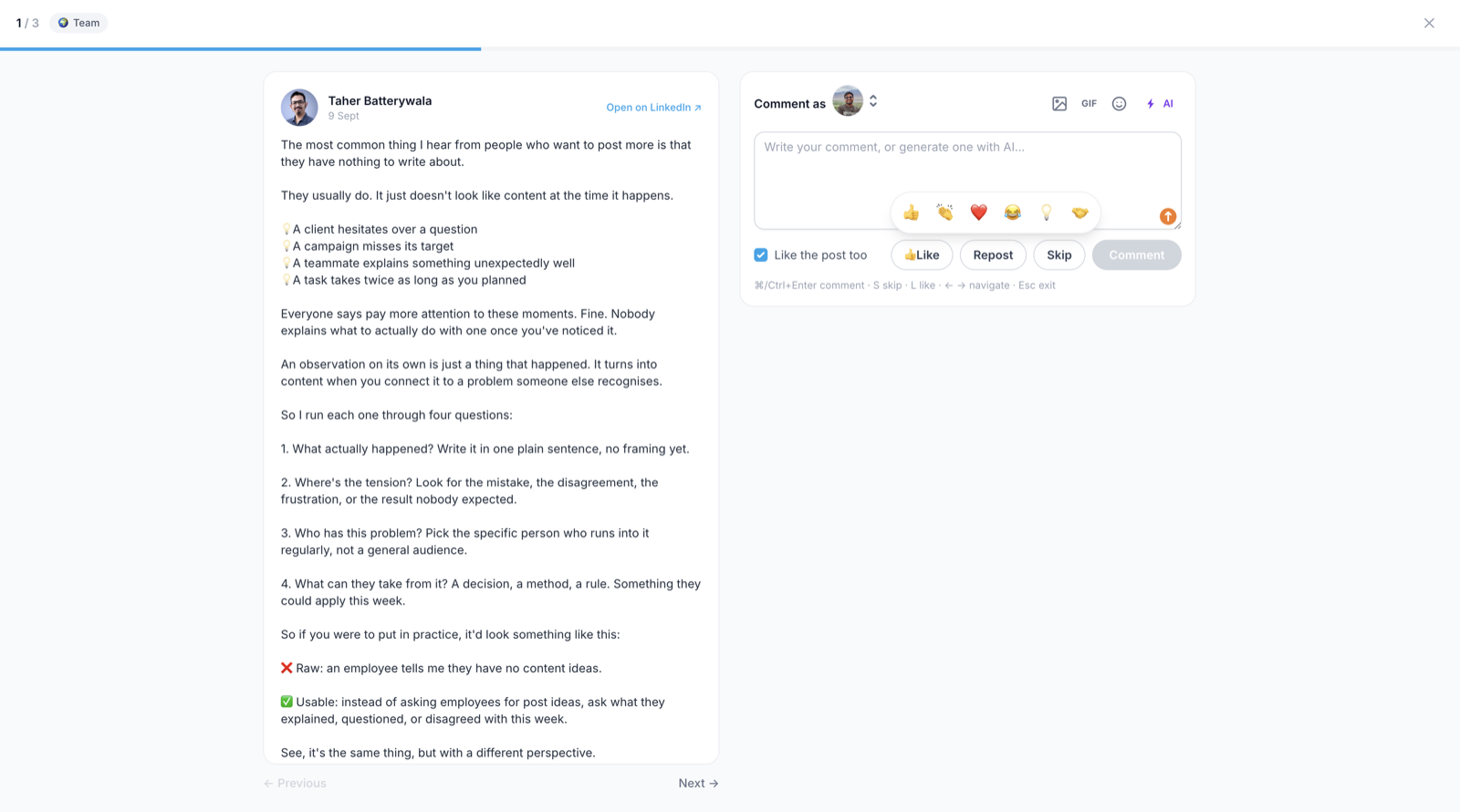 Focus mode with the reaction picker open above the Like button, showing the six LinkedIn reactions