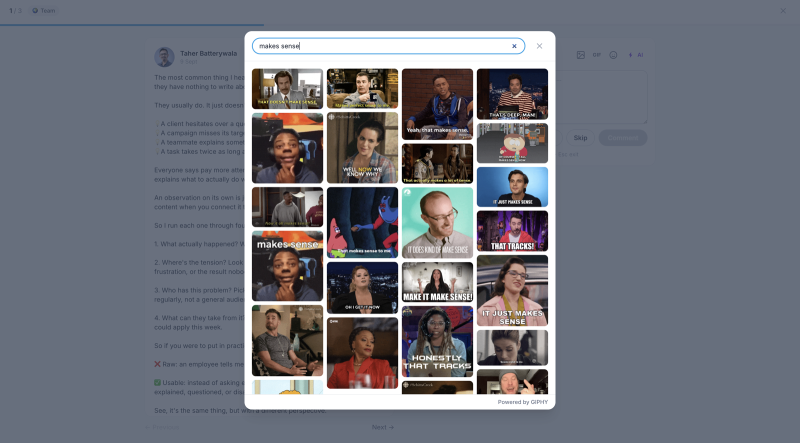 The GIF picker over a Focus mode post, showing a grid of results for the search makes sense and a Powered by GIPHY credit