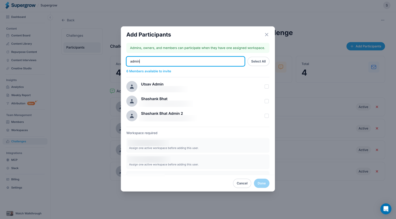 The Add Participants dialog for a challenge, listing admin accounts with checkboxes and a Workspace required section for members who have no workspace assigned yet