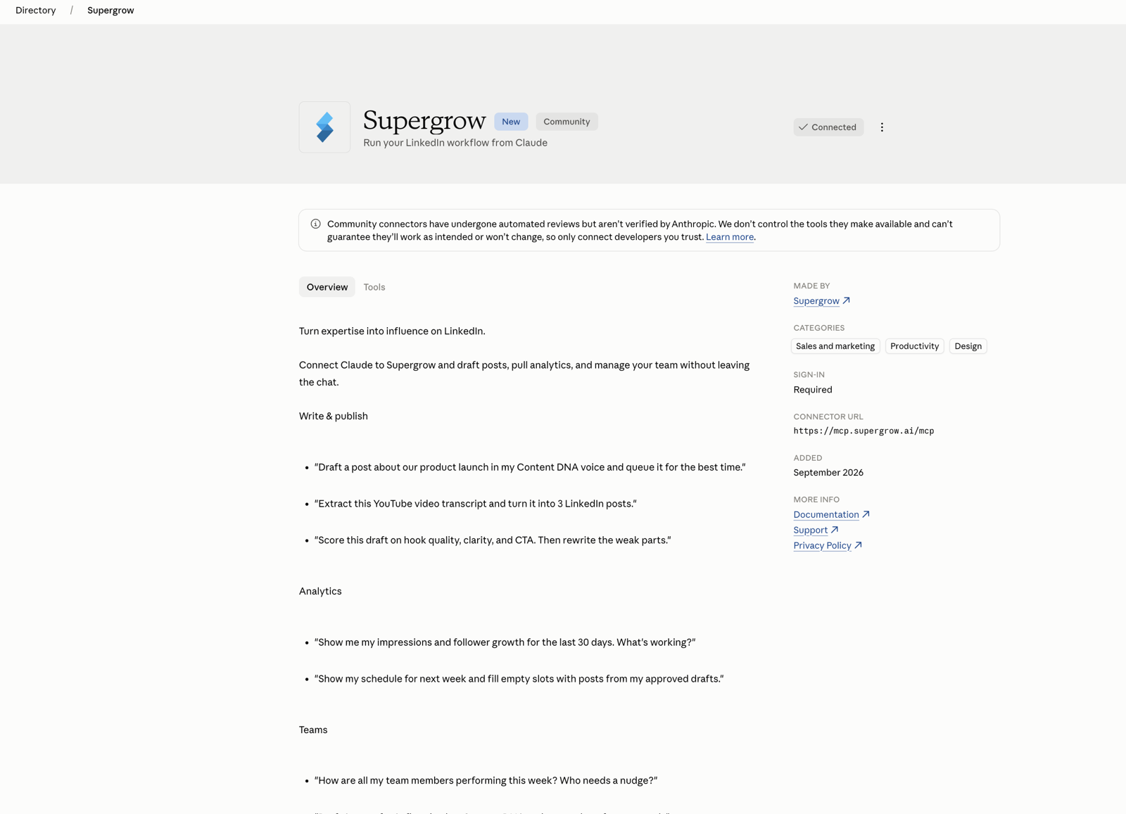 Supergrow's listing in the Claude connector directory, showing the tagline Run your LinkedIn workflow from Claude, a Connected badge, example prompts for writing, analytics and teams, and the connector URL