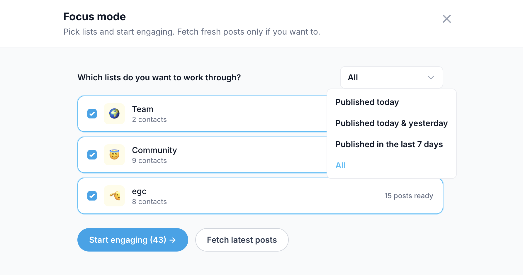 The Focus mode list picker with three lists selected and the date dropdown open, offering Published today, Published today & yesterday, Published in the last 7 days, and All
