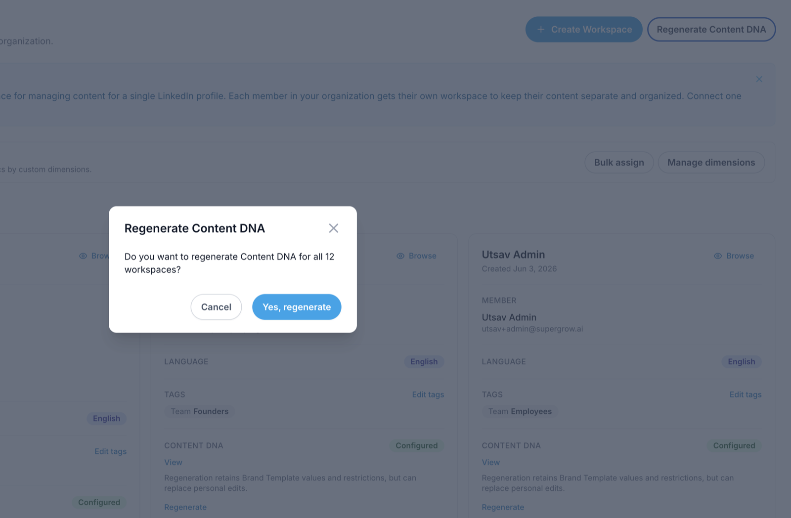 The Workspaces page with the Regenerate Content DNA button in the header and a confirmation dialog asking whether to regenerate Content DNA for all 12 workspaces; each workspace card below has its own Regenerate link