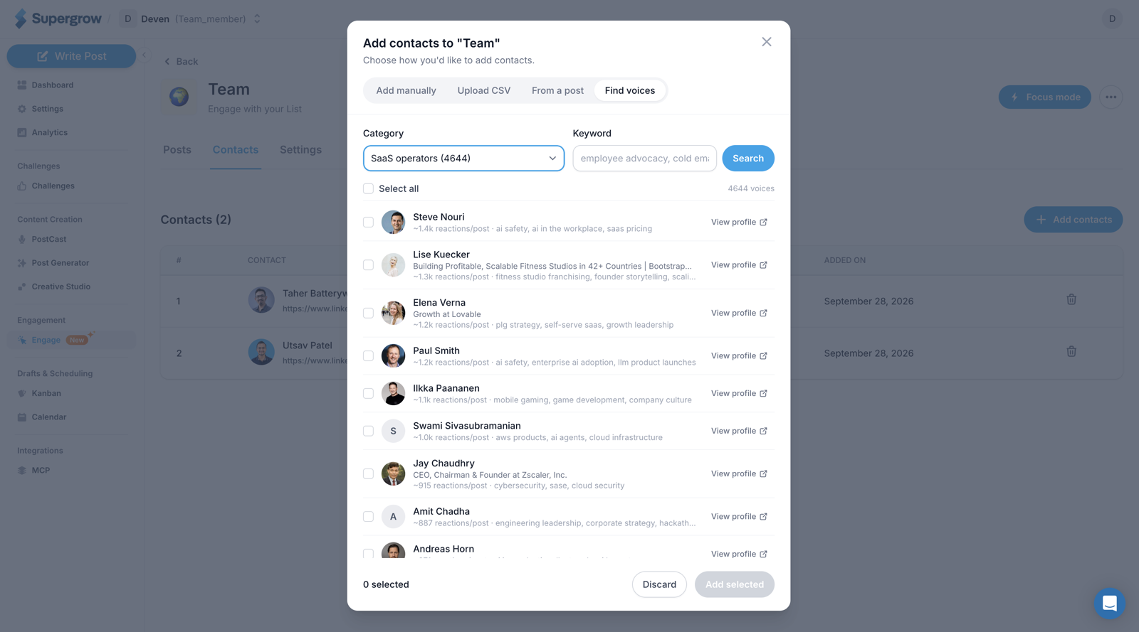 The Find voices tab of the Add contacts dialog on an Engage list, with the SaaS operators category selected, a keyword field, and LinkedIn authors listed with their photo, headline, average reactions per post, topics, and a View profile link