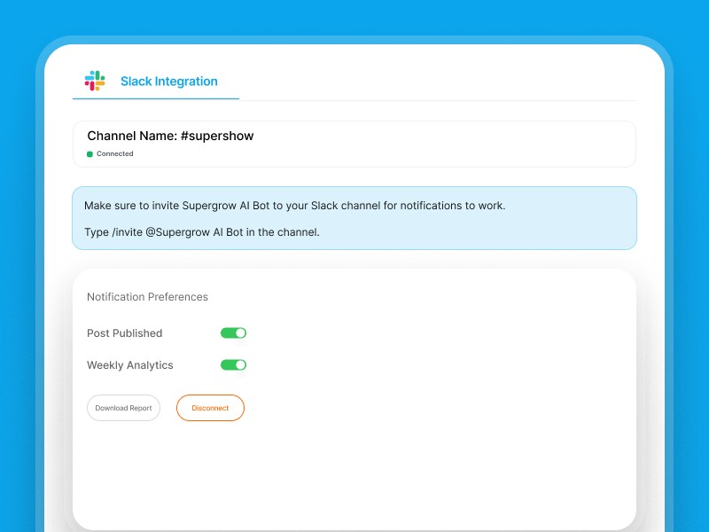 Supergrow weekly team analytics report delivered to a Slack channel