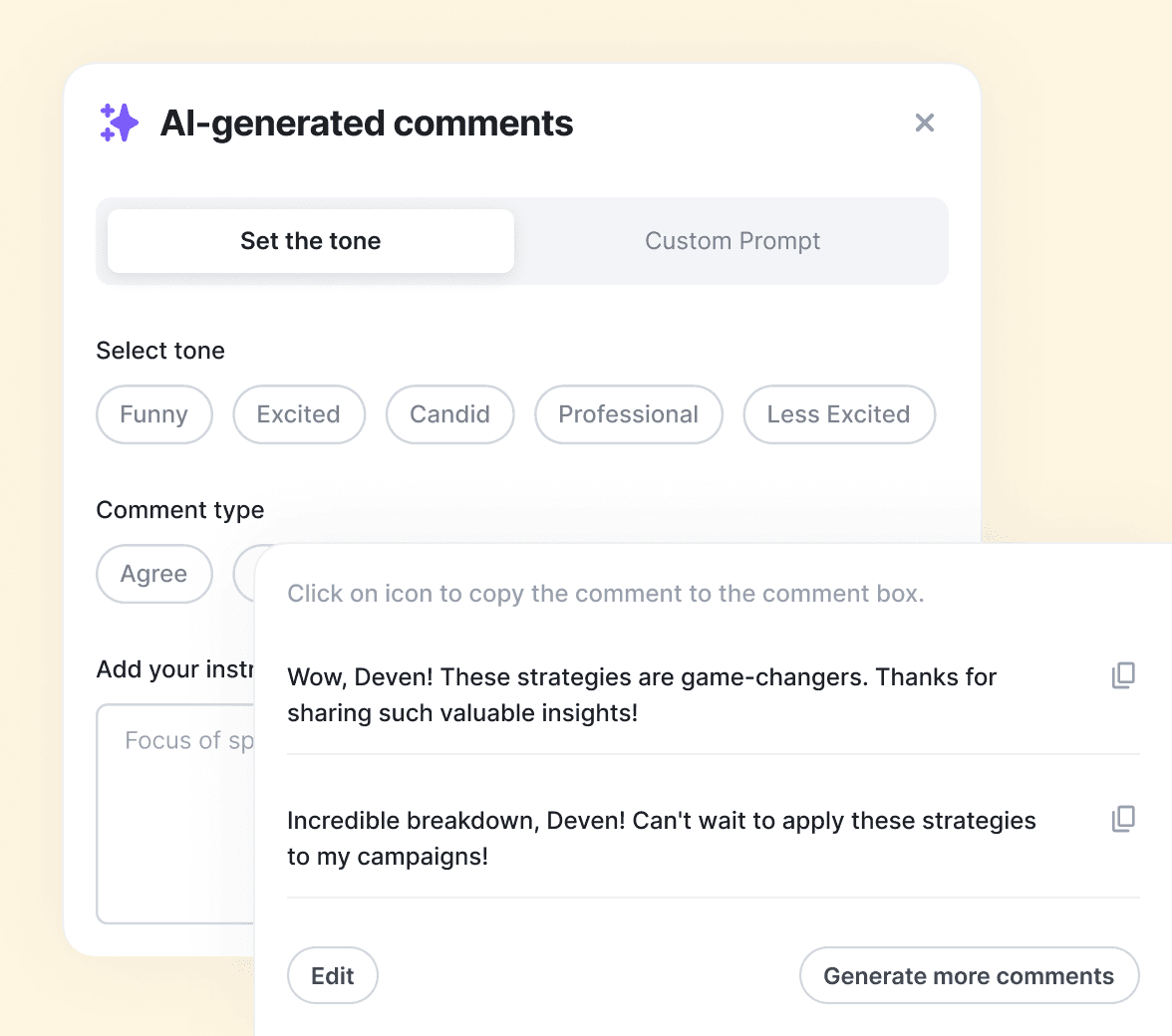 Supergrow AI-generated comments panel with tone selection and suggested replies