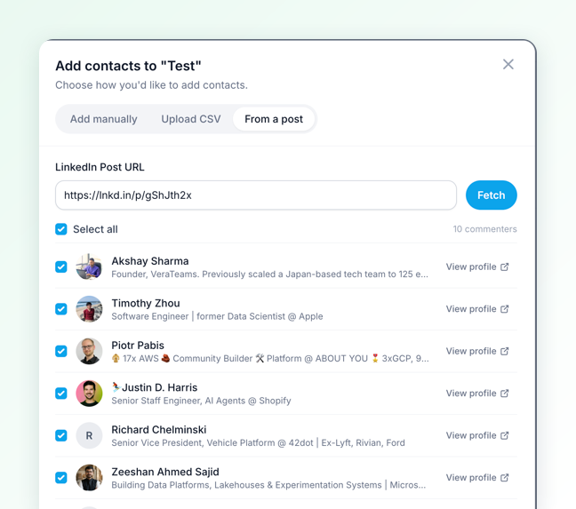 Supergrow add-contacts dialog with the From a post tab open, listing commenters with their headlines and a checkbox each