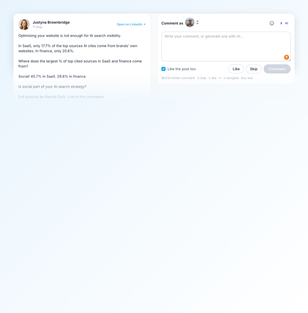 Supergrow Focus Mode with a LinkedIn post on the left and a comment box on the right, a like the post too checkbox, and the keyboard shortcuts for skip, like, and comment